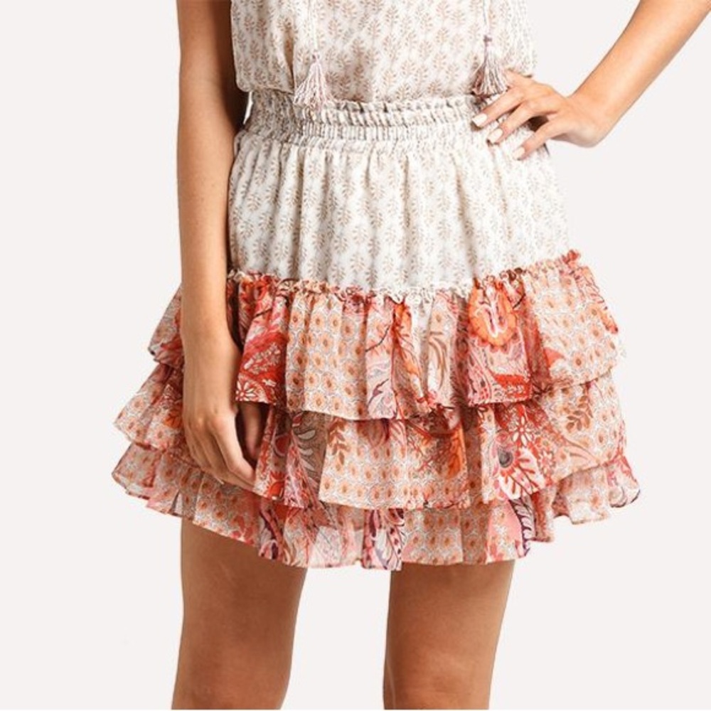 MISA Los Angeles Marina Floral Mixed Print Tiered Ruffle Mini Skirt Size Small